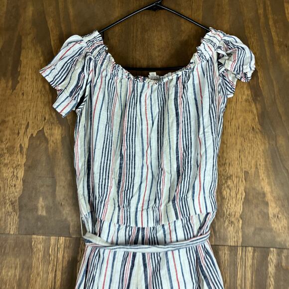 LOFT Beach Womens Romper Tan Multi Striped Linen Blend Smock Neck Flutter M - Picture 11 of 12